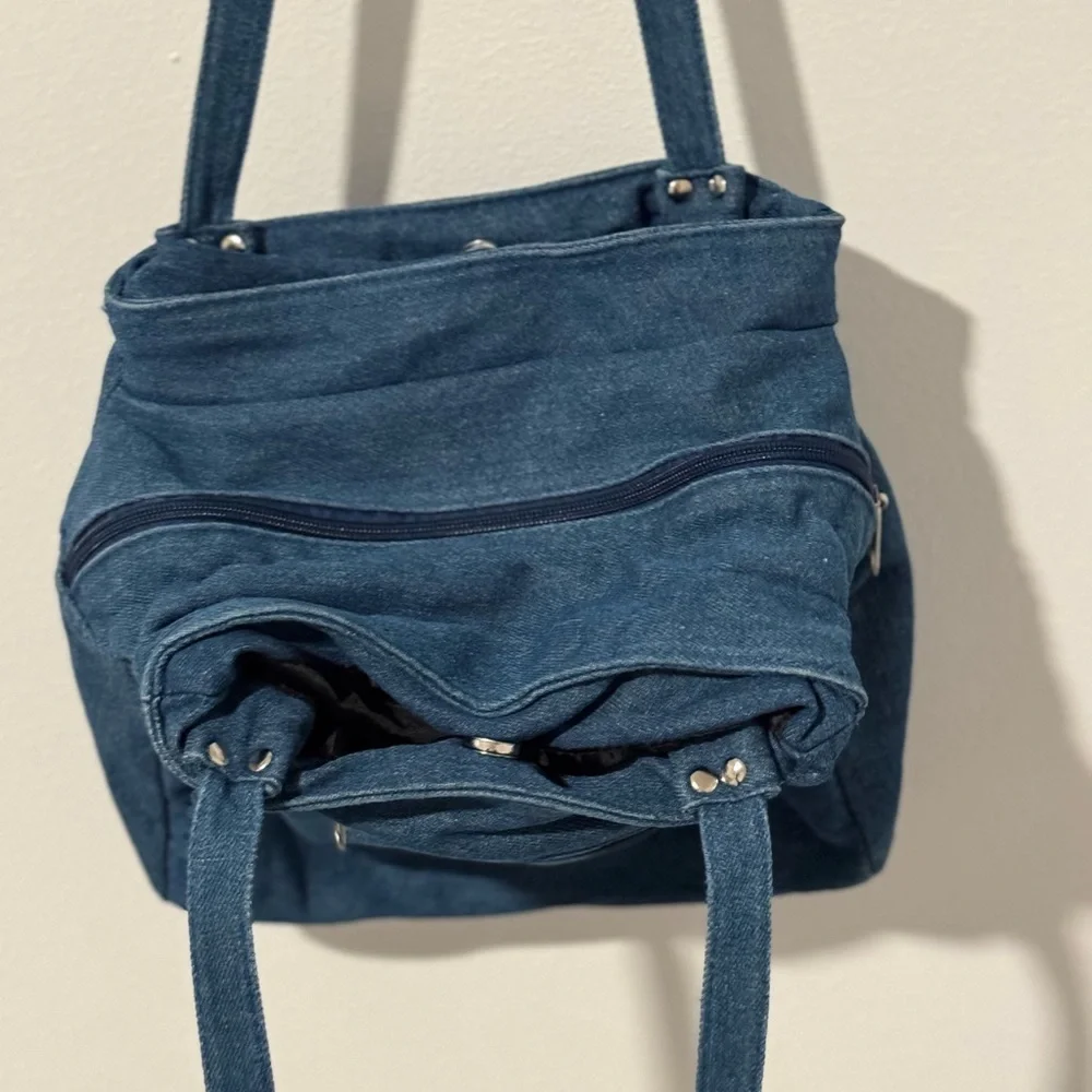 Vintage Style Denim Shoulder Bag with White Floral Embroidery & Zipper Pockets
